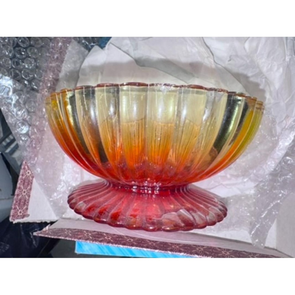 Vintage Amberina Glass Orange Sunset Candy Dish Compote Ribbed Footed Design - Picture 3 of 5